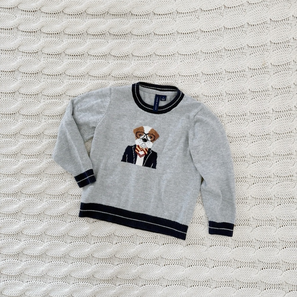 Janie and Jack Bulldog Sweater with Navy Trim